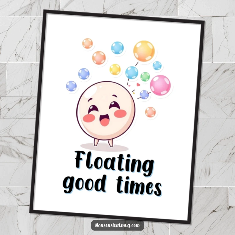 Funny Digital Art Print: A delighted circle character blowing a stream of colorful, floating bubbles, bringing instant cheer.