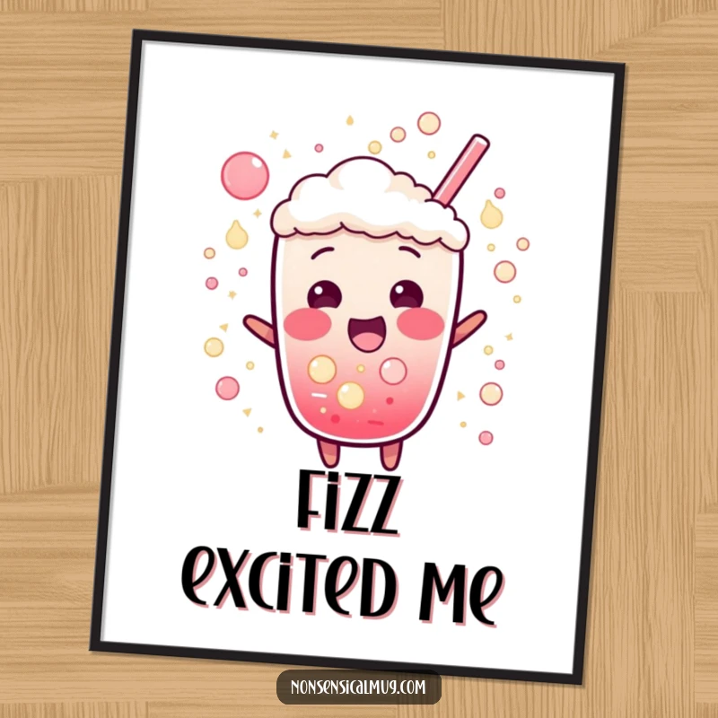 Funny digital art print of a bubbly soda character bursting with excitement and surrounded by dynamic fizz and effervescence.