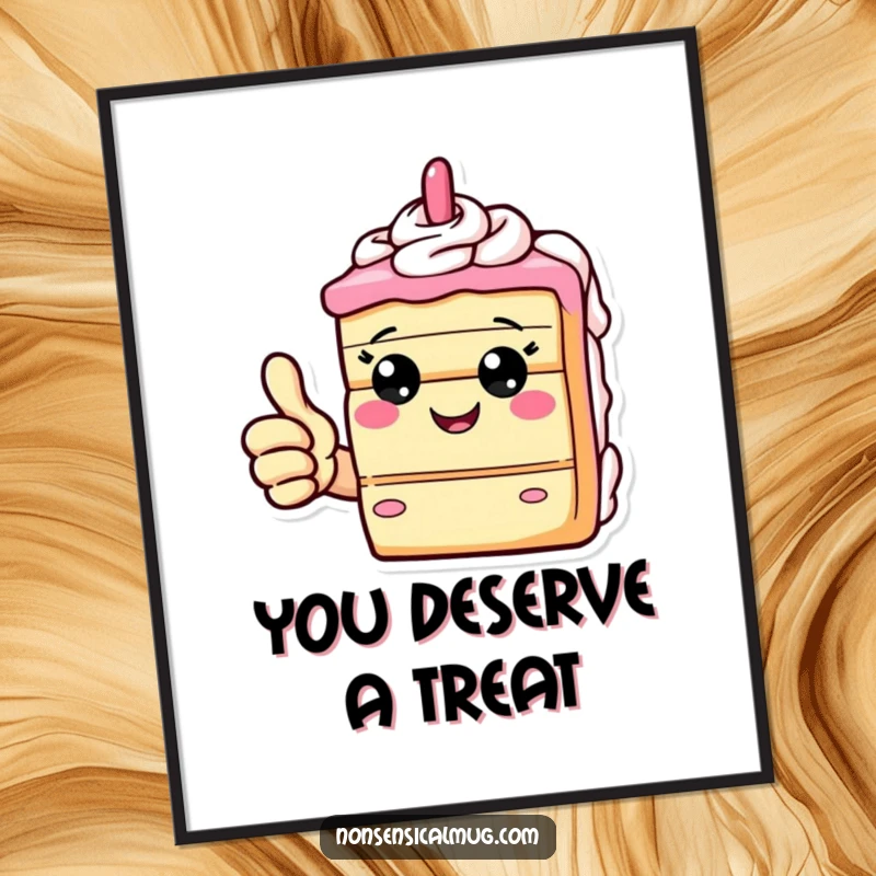 Funny digital art print of a giddy slice of cake giving a thumbs up, celebrating sweet moments instantly.