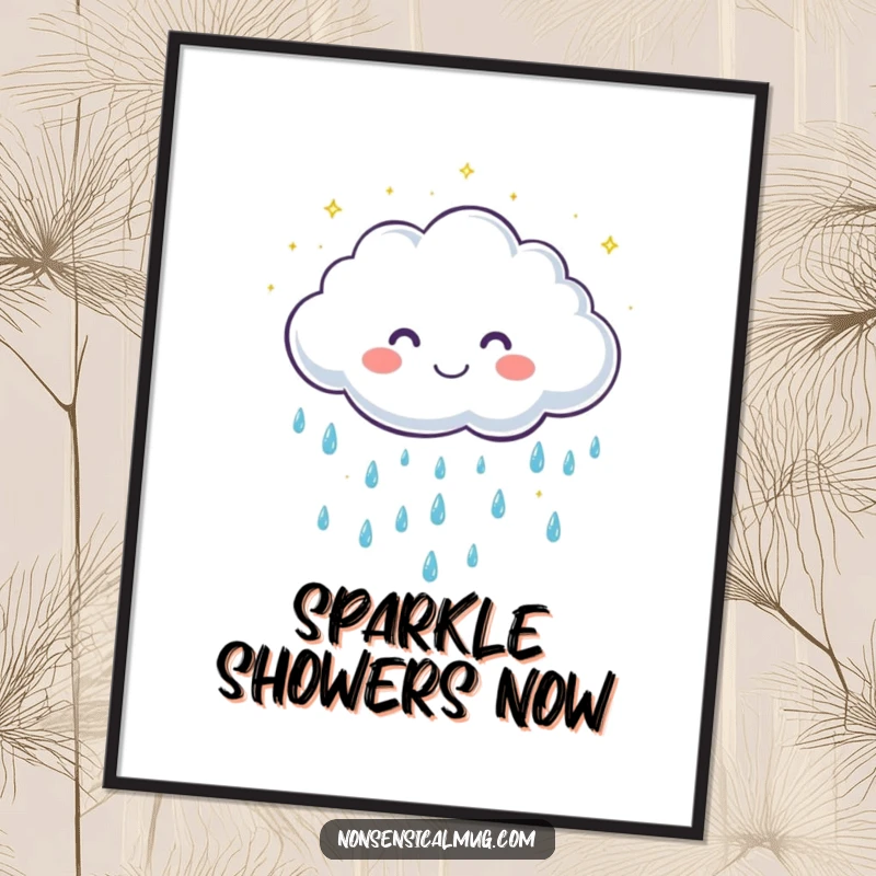 Funny digital art print of a cute, smiling cloud character showering gentle, sparkling raindrops in a cheerful, whimsical design.
