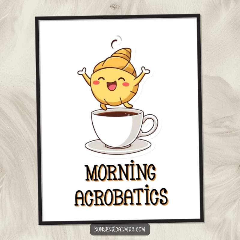 Funny croissant character in a high leap over a coffee cup, ready to be downloaded and displayed as vibrant digital art.