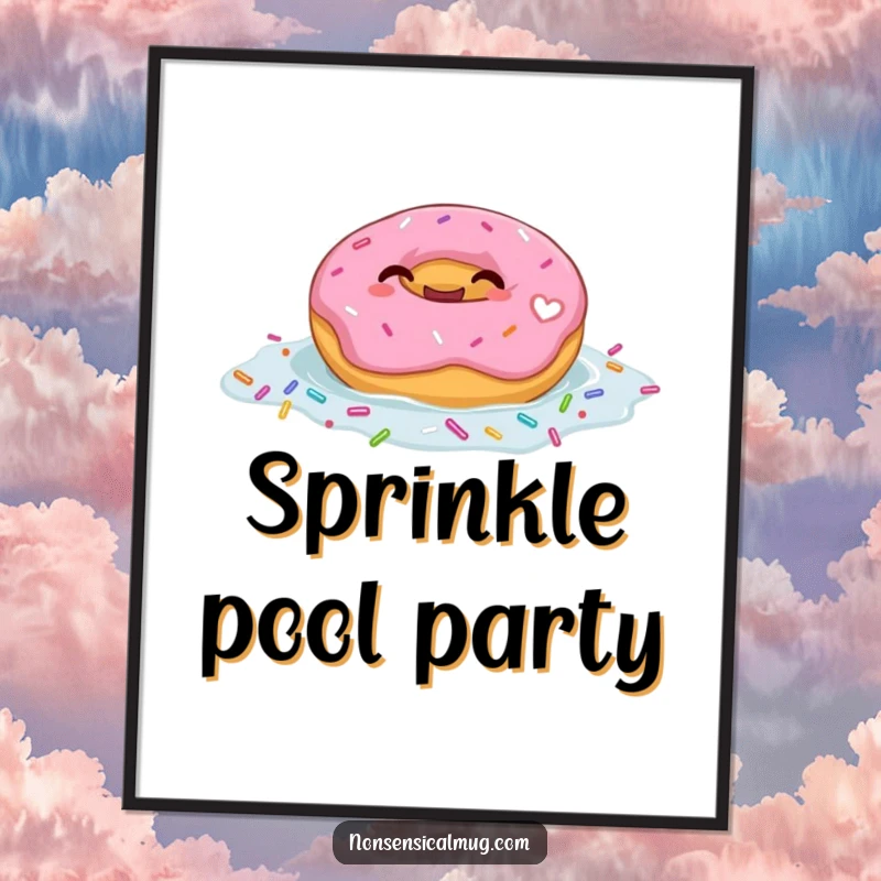 Funny digital art print of a giggling donut character floating joyfully in a pool of colorful sprinkles, capturing sweet delight.