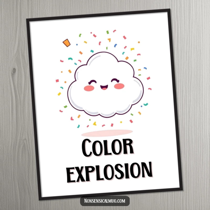 Funny happy little cloud showering colorful confetti from above, a digital art print full of festive charm and joyous celebration.