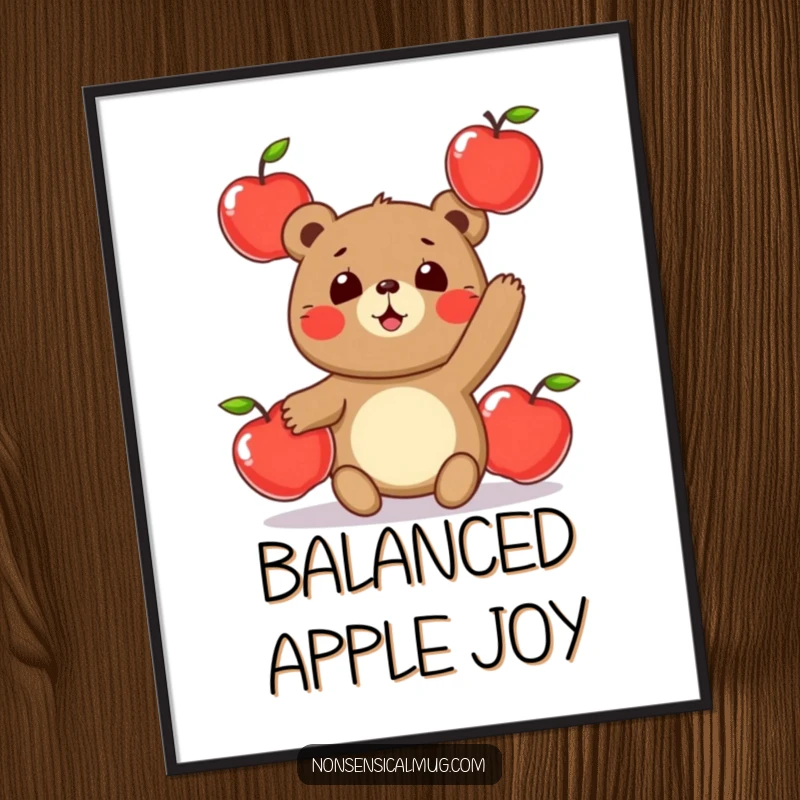 Funny digital art print of a round, joyful bear character playfully juggling three shiny apples, designed to bring smiles.