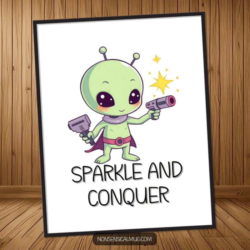 Funny Kawaii Alien Sparkle Ray Gun Digital Art Print: A cute alien cheerfully shoots sparkles from a ray gun, adding cosmic fun.