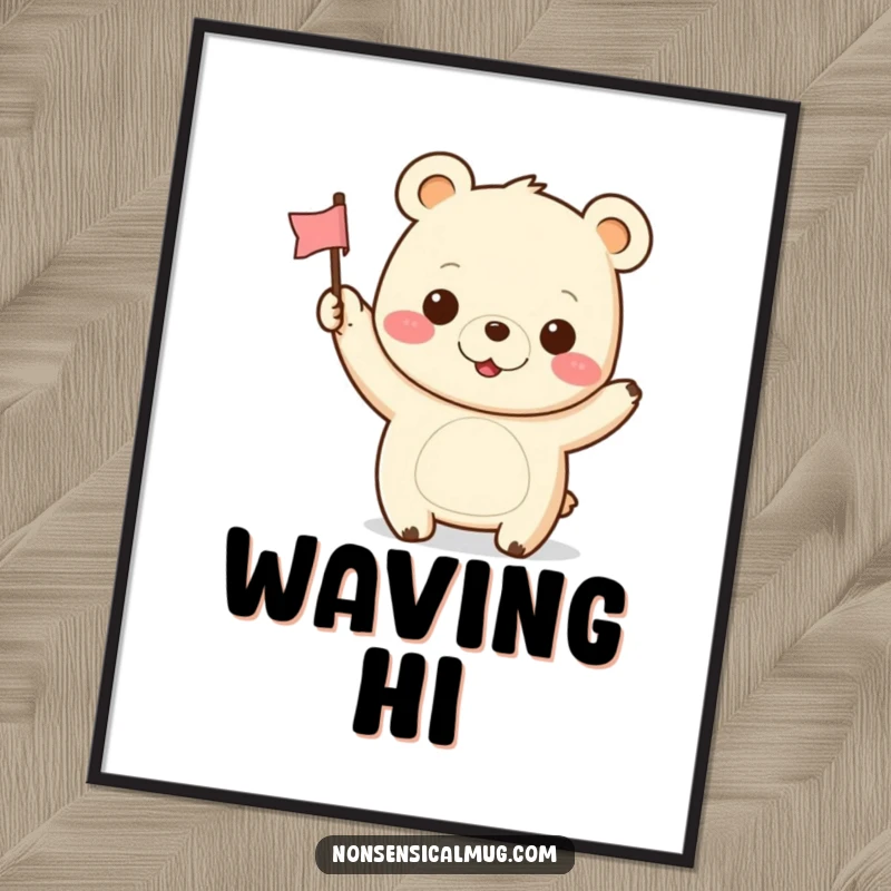 Funny Kawaii Bear Digital Art: A cheerful kawaii bear happily waves a flag, offering instant visual joy and humor.