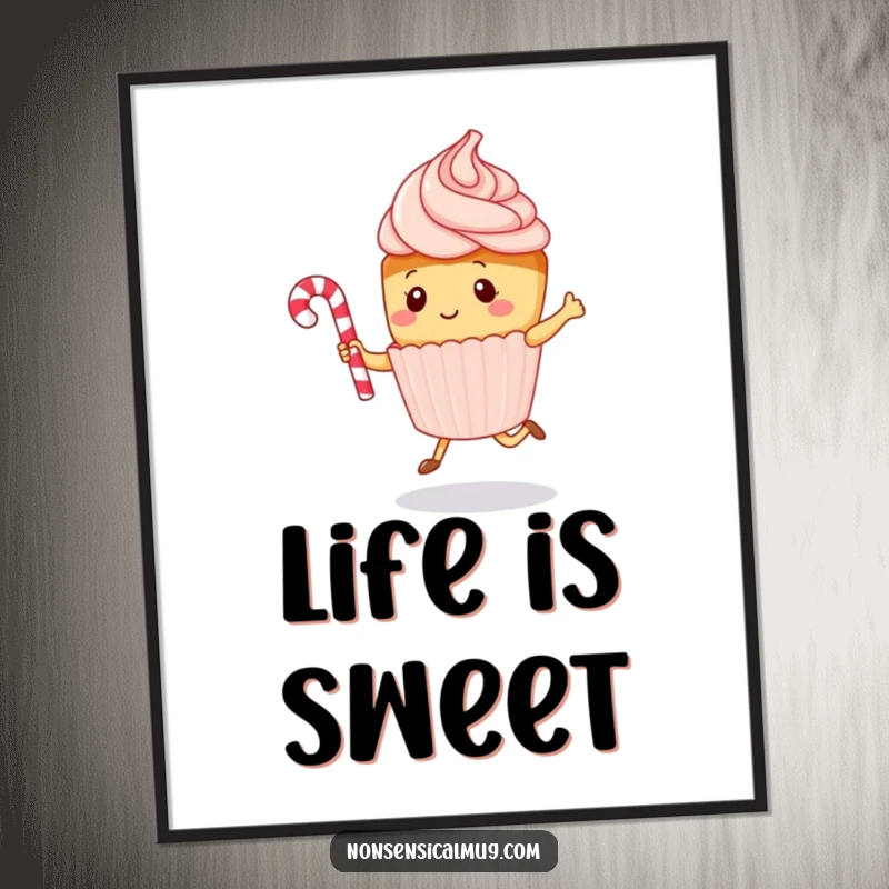 Funny kawaii cupcake character energetically jumping rope with a candy cane, as a digital art print, adding playful charm to decor.