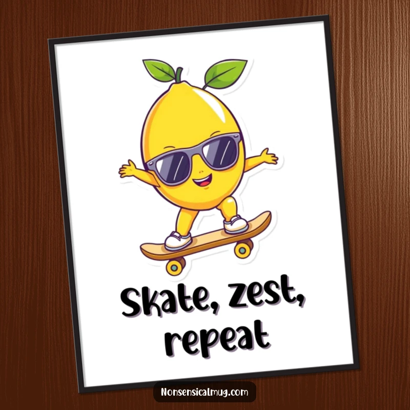 Funny lemon wearing sunglasses on a skateboard, a humorous and cool digital art print for instant decor.