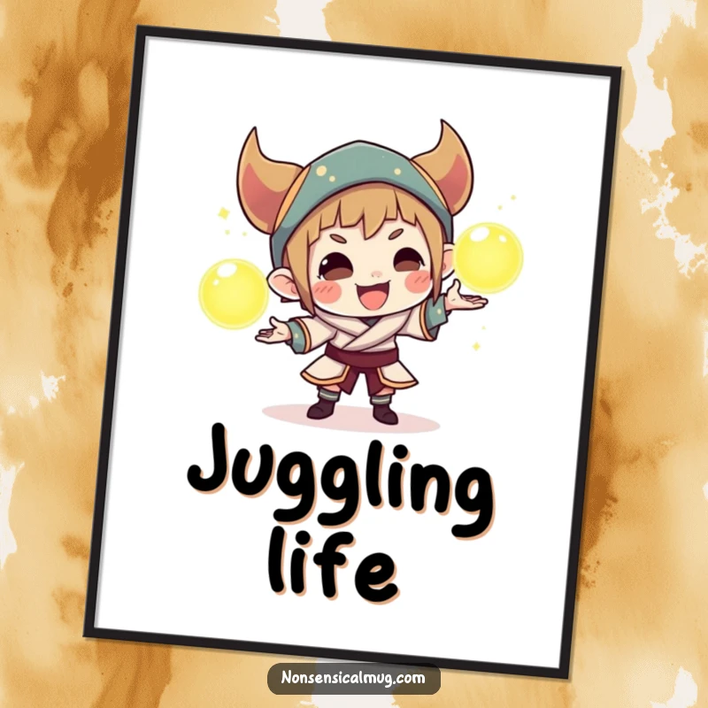 Funny digital art print of a sly character juggling three radiant orbs, perfect for adding a playful and magical vibe.