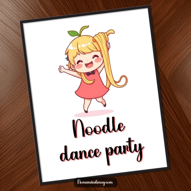 Funny digital art print of a happy character dancing with one massive, wiggly noodle. Whimsical and humorous kitchen decor.