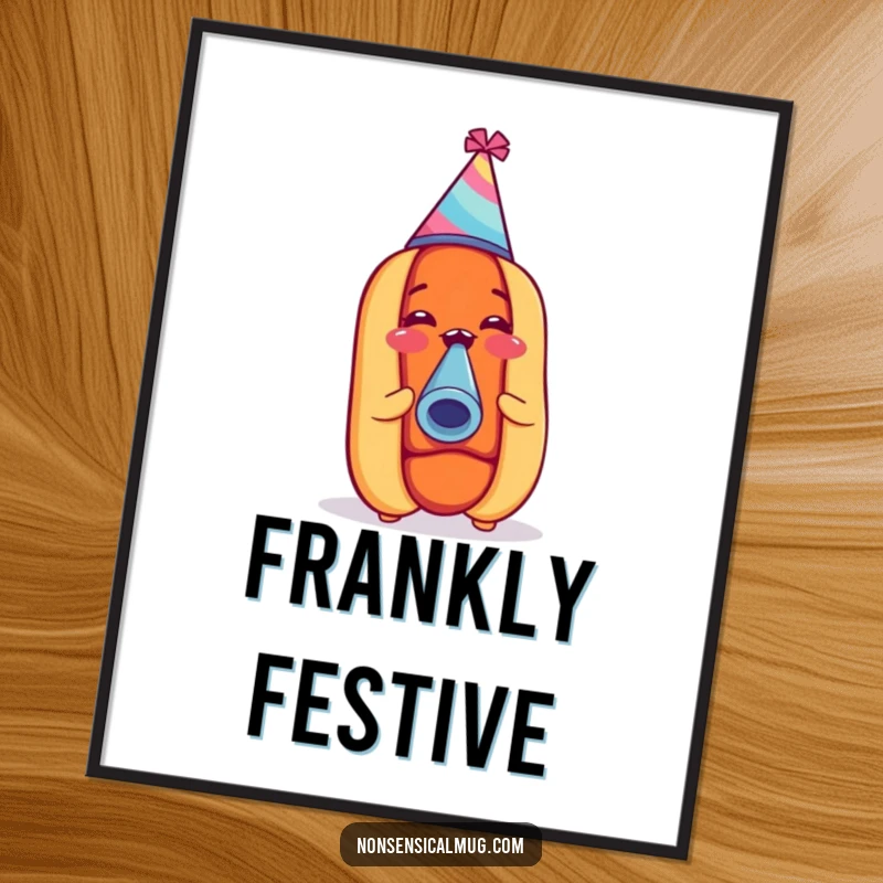 Funny happy hot dog wearing a party hat and blowing a noisemaker, as a digital art print for instant festive and humorous wall decor.
