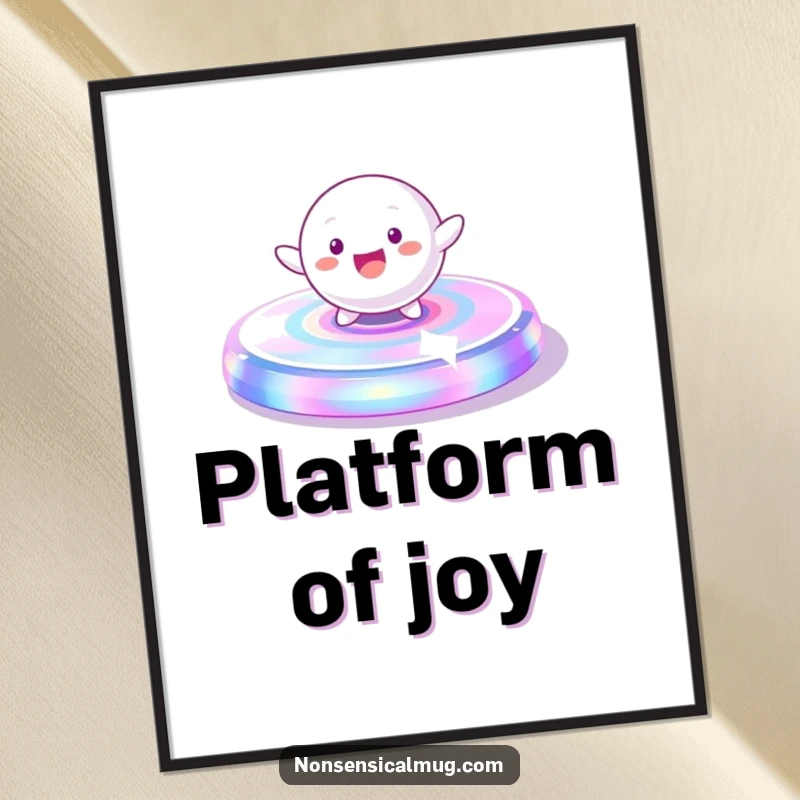 Funny Digital Art Print: A playful, spherical character gleefully spinning on a vibrant, iridescent platform, adding dynamic joy.