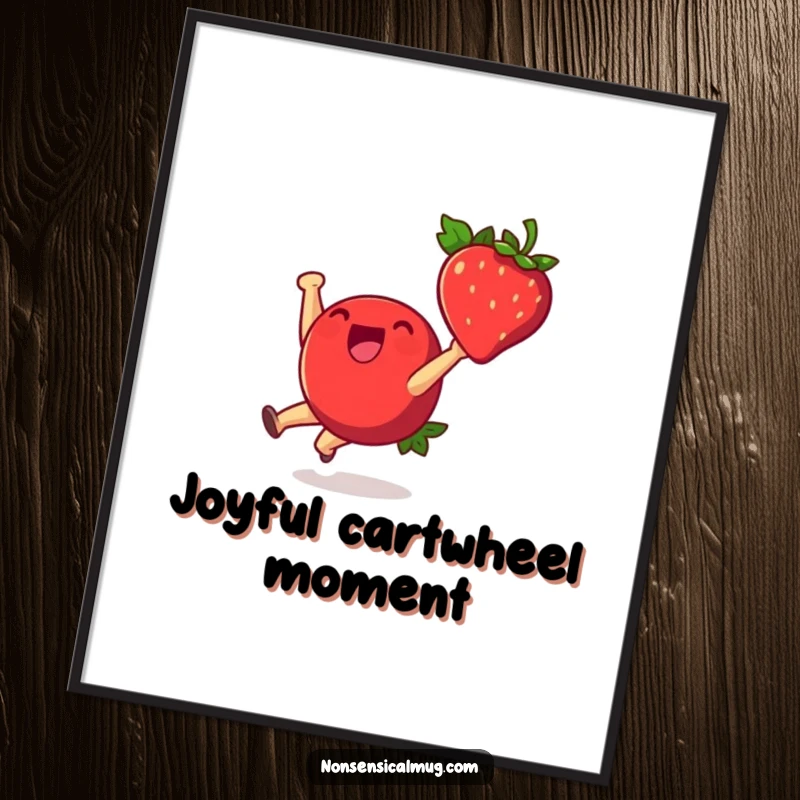 Funny digital art print of a cheerful strawberry character performing a joyful cartwheel, capturing a moment of pure, fruity happiness.