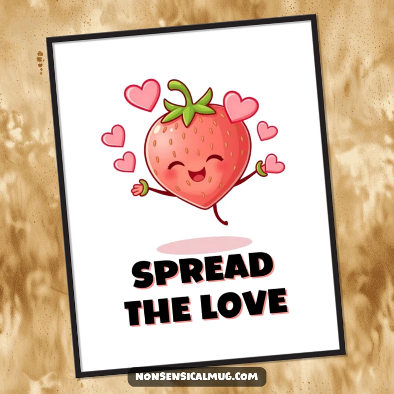 Funny cheerful strawberry character joyfully juggling hearts as a downloadable digital art print, full of sweet humor.