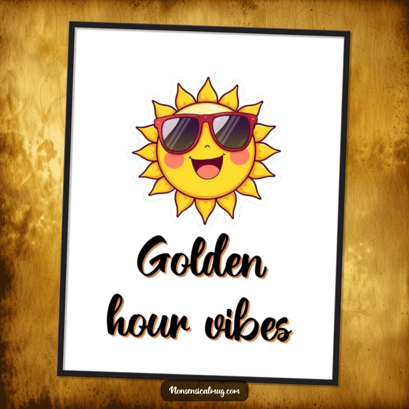 Funny Digital Art Print: Cheerful sun character beaming with oversized sunglasses, a bright and cool design.