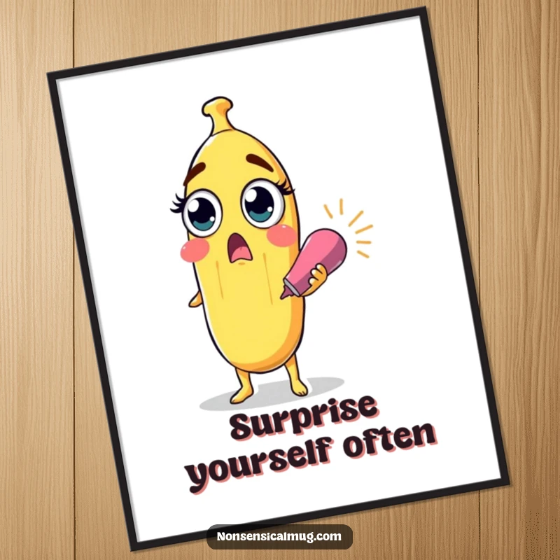 Funny surprised banana character with wide eyes holding a party popper, as a digital art print, adding playful surprise to decor.