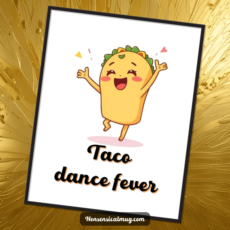 Funny digital art print of a joyful taco performing a lively celebratory dance, bringing instant fiesta energy.