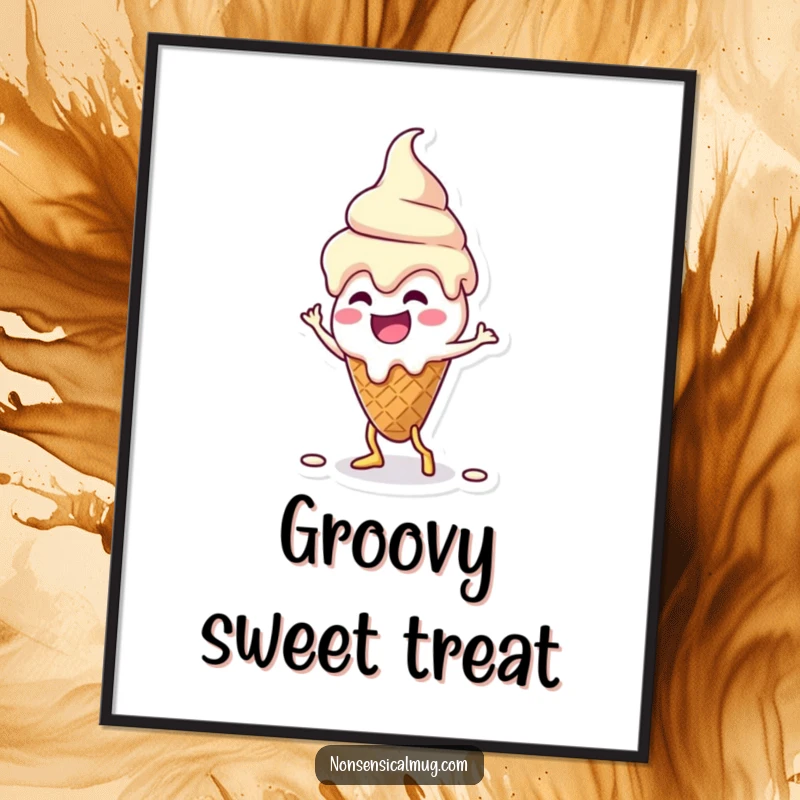 Funny kawaii melting ice cream cone character doing a silly dance, a high-resolution digital art print for immediate download and display.