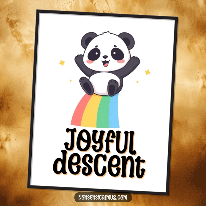 Kawaii Panda Digital Art Print: A happy kawaii panda sliding down a colorful rainbow, offering instant cheer.