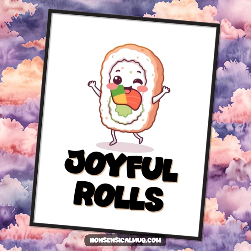 Funny sushi roll character captured mid-jig in a dynamic digital art print, perfect for instant colorful decor.