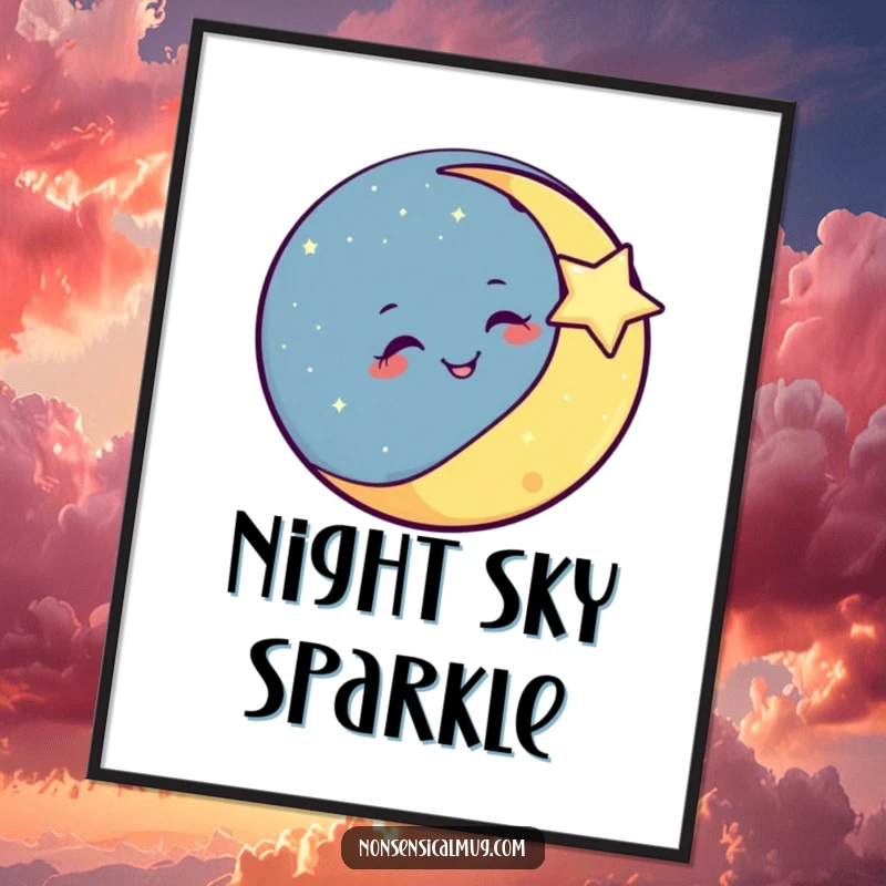 Funny smiling moon winking playfully at a twinkling star, as a vibrant digital art print.