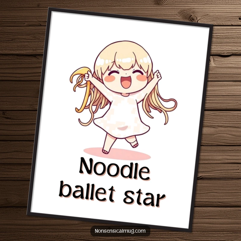 Funny character dancing with a huge, wiggly noodle in this digital art print, capturing a whimsical and joyous moment, perfect for screen savers or prints.