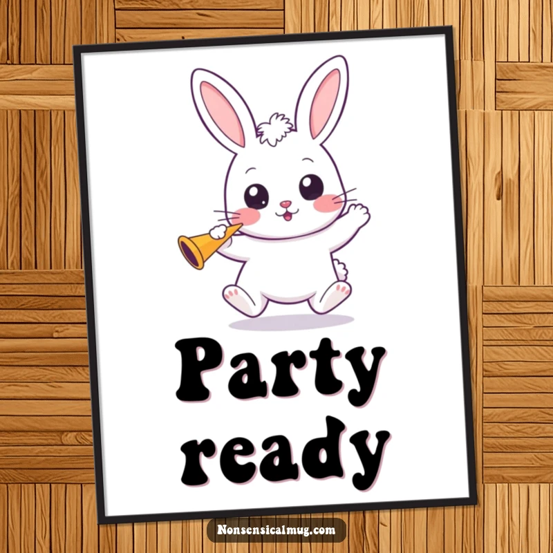 Funny Kawaii Bunny Digital Art: A wide-eyed kawaii bunny bounces, holding a party horn, bringing instant festive fun.