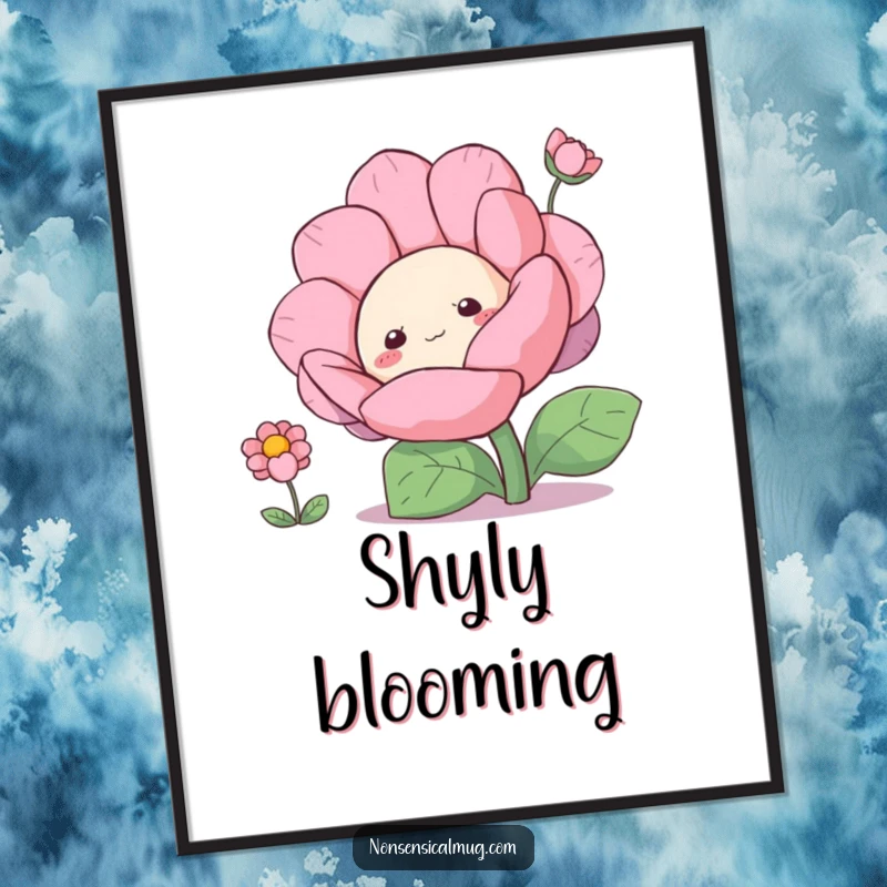 Funny curious blob character peeking out from behind a large flower, as a vibrant digital art print.