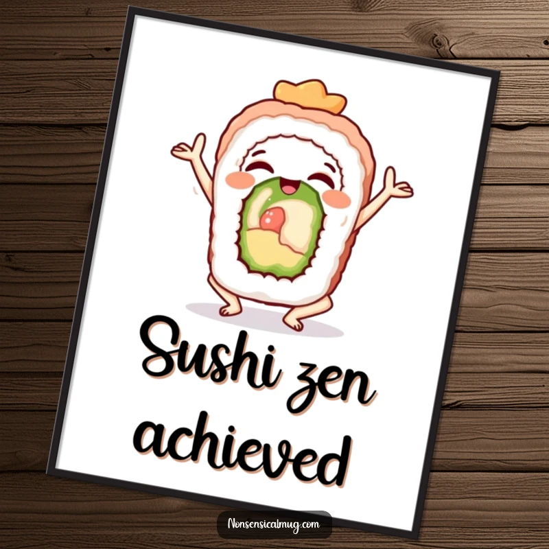 Funny sushi roll in a yoga pose, a humorous and serene digital art print for instant decor.