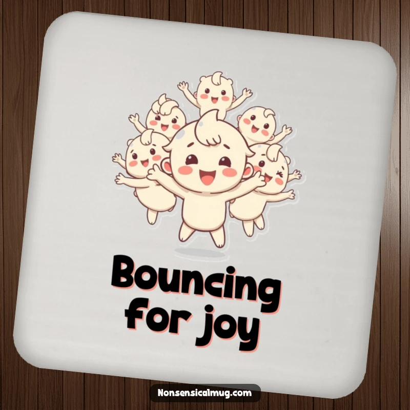 Funny drink coaster featuring a happy character multiplying into bouncing copies, protecting surfaces with energetic and playful artwork, a charming housewarming gift.