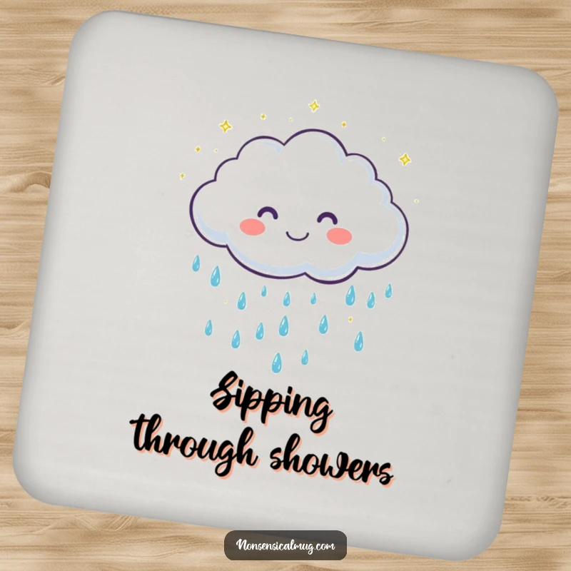 Funny drink coaster with a cute, grinning cloud character showering gentle, sparkling raindrops, adding a touch of whimsy.