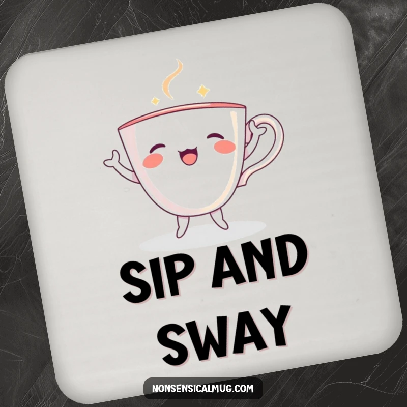 Funny teacup with tiny limbs, joyfully dancing on a drink coaster, adding a playful touch.