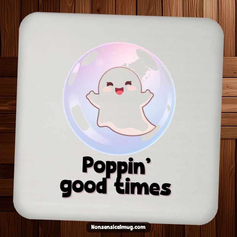 Funny ghost floating joyfully inside a bubble, designed as a protective and humorous drink coaster.