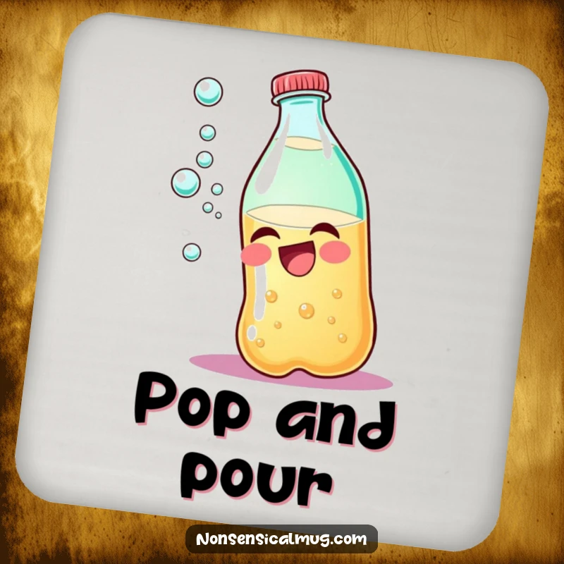 Funny giggling soda bottle coasters, featuring a bubbly character to add humorous charm to any drink.