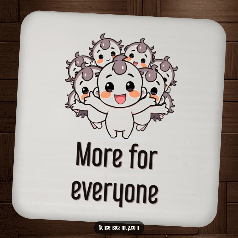 Funny drink coaster with a cheerful character duplicating into multiple bouncy figures, adding playful energy to any table setting.