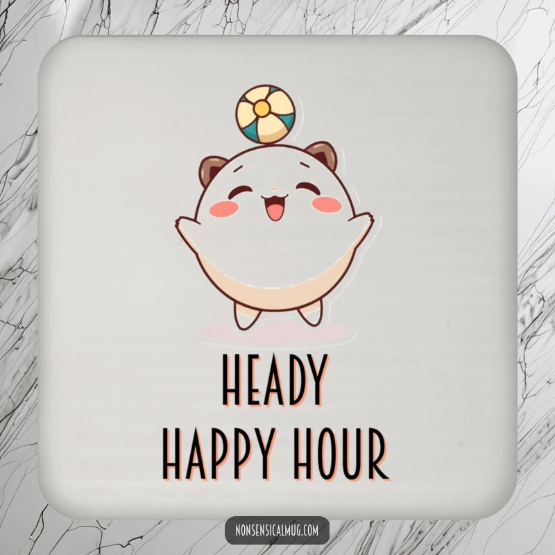 Funny drink coaster: a round, smiling character bounces a ball with its head, adding fun to table protection.
