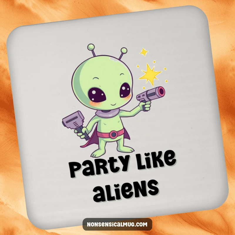 Funny Kawaii Alien Sparkle Ray Gun Drink Coaster: A cute alien fires a sparkle ray gun, a fun and functional table accessory.