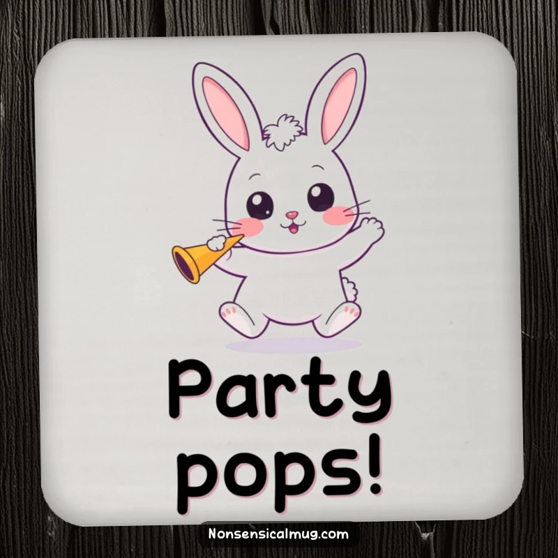 Funny Kawaii Bunny Drink Coaster: A wide-eyed kawaii bunny holds a party horn, adding cheerful protection.