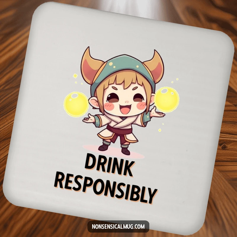 Funny drink coaster with a cunning character juggling three glowing orbs, adding a touch of playful magic to any table setting.