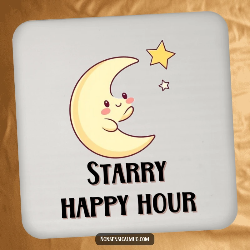 Funny drink coaster showcasing a whimsical crescent moon character playfully chasing a twinkling star, adding cosmic fun to table settings.