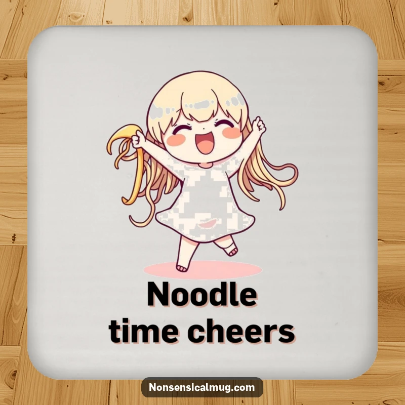 Funny drink coaster featuring a character dancing with a wiggling noodle, protecting surfaces with hilarious pasta-themed artwork, a fun housewarming gift.