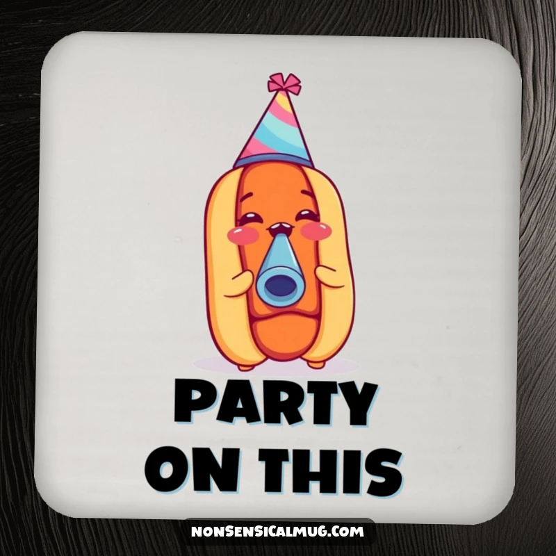 Funny hot dog in a party hat, blowing a noisemaker on a coaster, offering a humorous and festive surface.
