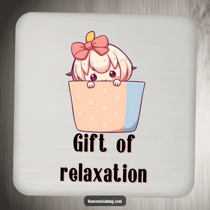 Funny drink coasters featuring a blushing character shyly peeking from behind a large, colorful gift, adding sweet protection.