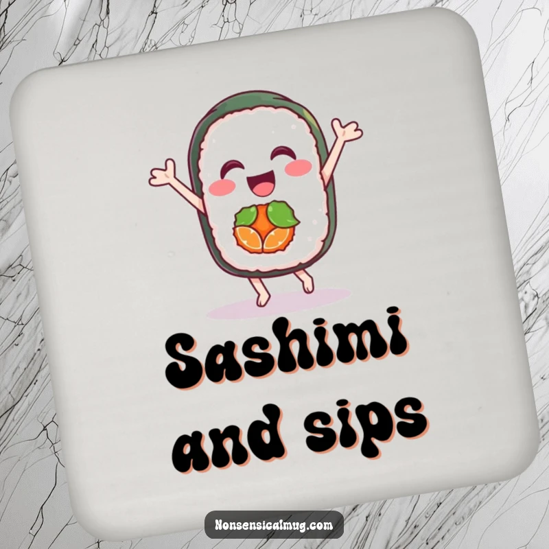 Funny drink coasters depicting a delighted sushi roll character joyfully dancing, perfect for adding humor to any table setting.