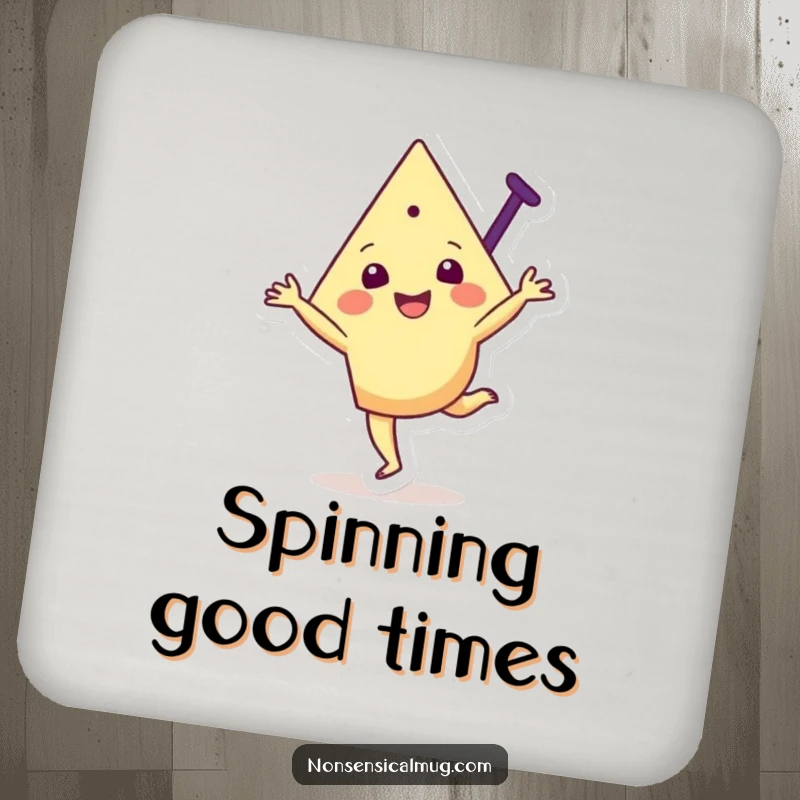 Funny drink coaster showcasing a joyful triangular character mid-cartwheel, adding geometric fun and protection to surfaces.