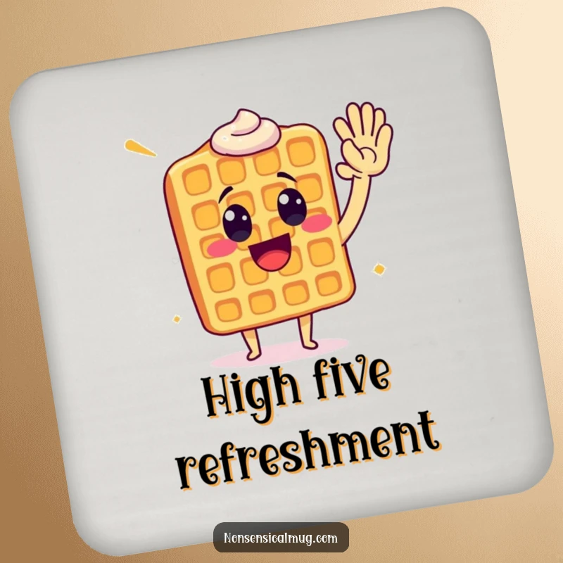 Funny waffle giving a high five, designed as coasters for a humorous and cheerful drink setup.