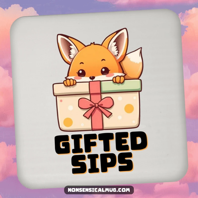 Kawaii Fox Coaster: A cute kawaii fox peeking from behind a large gift, protecting surfaces with style.