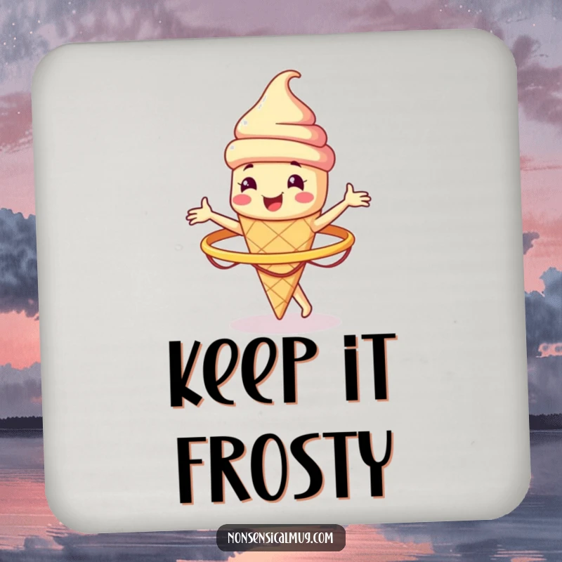 Funny smiling ice cream cone character spinning a hula hoop on a drink coaster, a small yet humorous protective accessory.