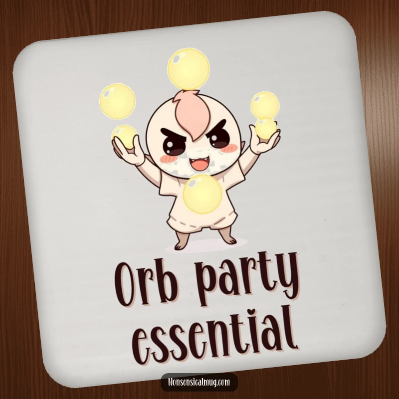 Funny drink coaster featuring a mischievous character juggling glowing orbs, protecting surfaces with magical and playful artwork, a charming housewarming gift.