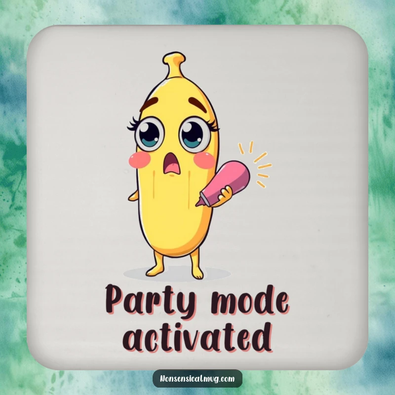 Funny surprised banana character with wide eyes holding a party popper on a drink coaster, a small yet humorous protective accessory.